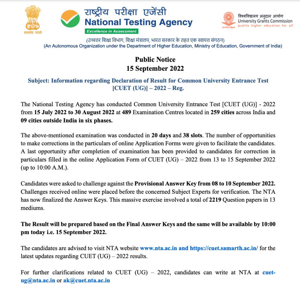 CUET UG Result 2022 Scorecard, Merit List