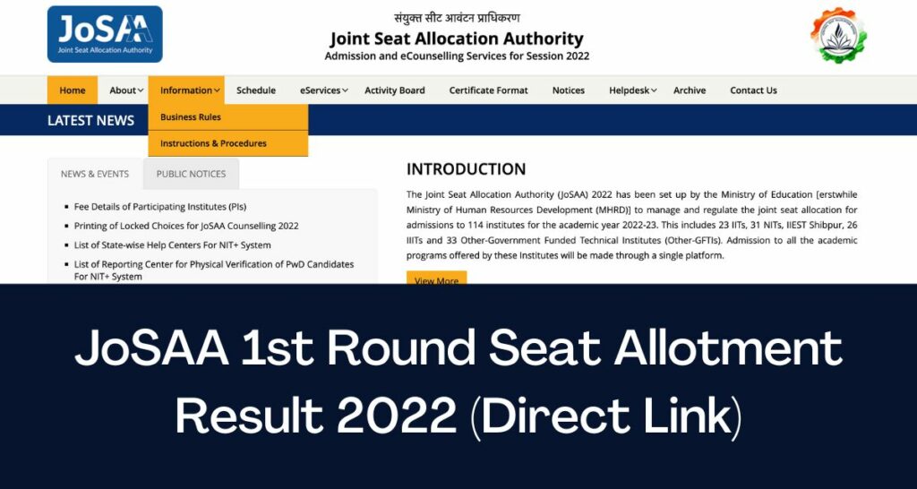 JoSAA 1st Round Seat Allotment Result 2022 - Direct Link Allocation List @josaa.nic.in