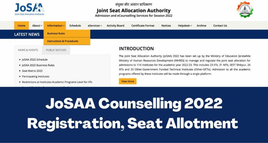 JoSAA Counselling 2022 Registration - Direct Link Seat Allotment @josaa.nic.in