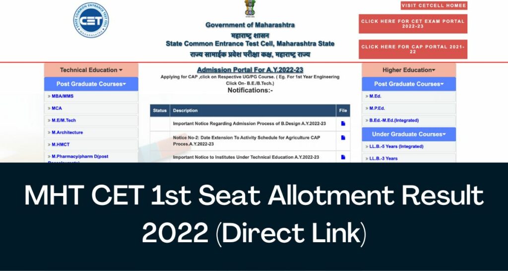 MHT CET 1st Seat Allotment Result 2022 - Direct Link CAP Round 1 Allotment @cetcell.mahacet.org