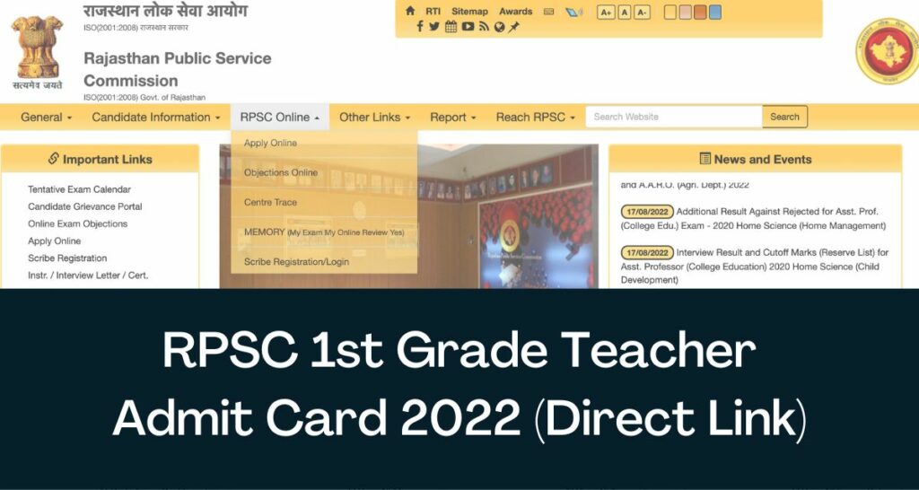 RPSC 1st Grade Teacher Admit Card 2022 - Direct Link School Lecturer एडमिट कार्ड @rpsc.rajasthan.gov.in