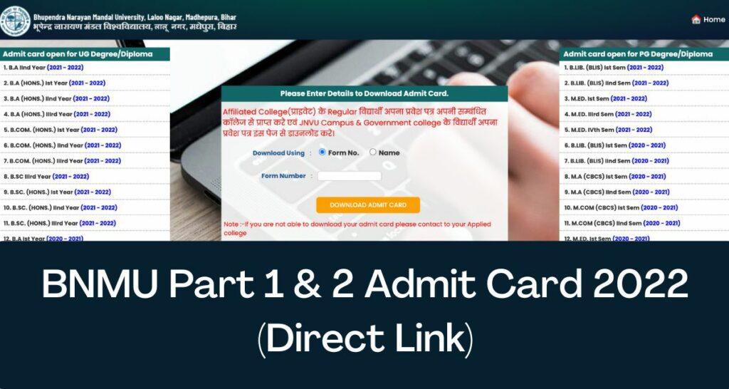 BNMU Admit Card 2022 - Direct Link Part 1 & 2 BA BSC BCOM Hall Ticket @ bnmunmis.in