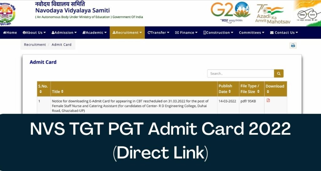 NVS TGT PGT Admit Card 2022 - Direct Link Navodaya Hall Ticket @ navodaya.gov.in