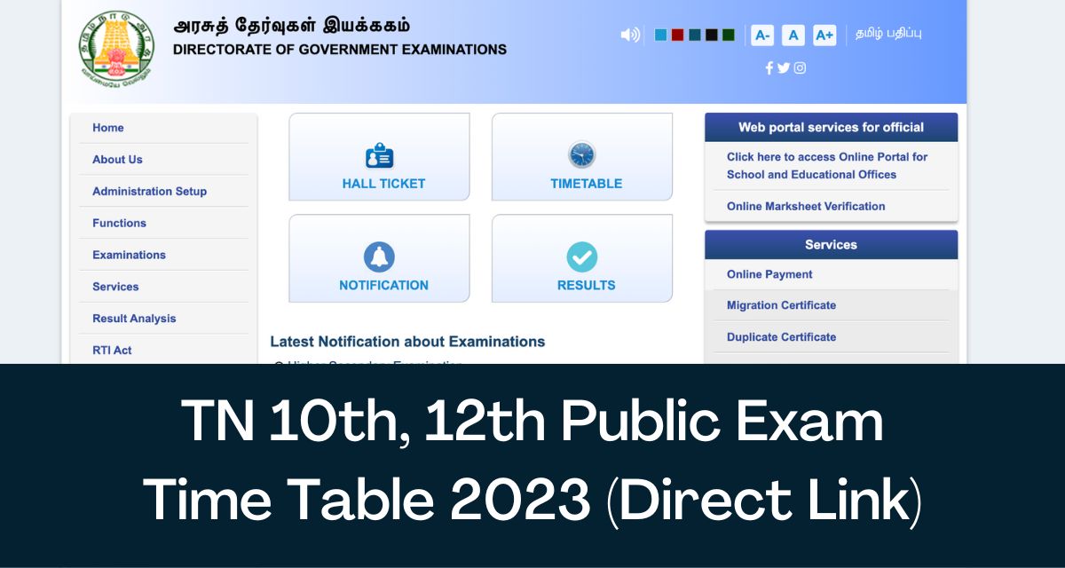 TN 10th 12th Public Exam Time Table 2023 Direct Link SSLC, 11th, HSC