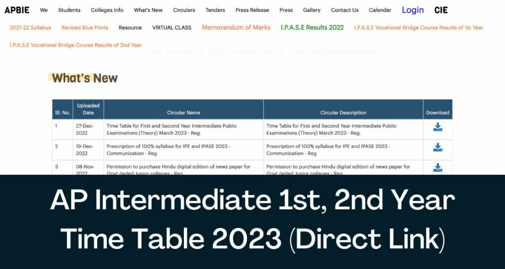 AP Intermediate Time Table 2023 – Direct Link 1st, 2nd Year Inter Exam Dates @ bie.ap.gov.in