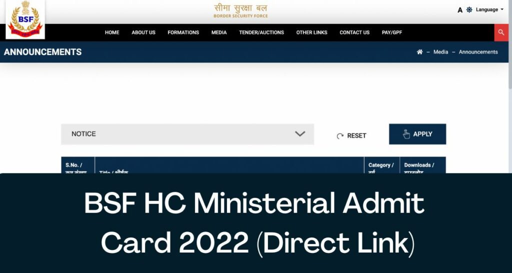 BSF HC Ministerial Admit Card 2022 - Direct Link HCM & ASI Hall Ticket @ bsf.gov.in
