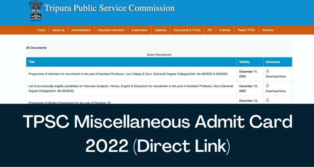 TPSC Miscellaneous Admit Card 2022 - Direct Link Hall Ticket @ tpsc.tripura.gov.in