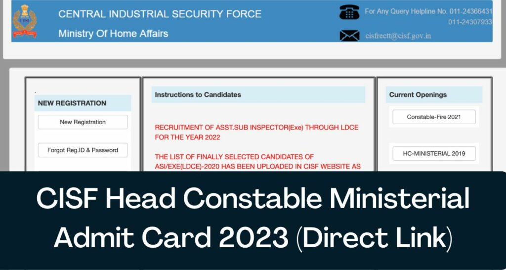 CISF Head Constable Ministerial Admit Card 2023 - Direct Link Hall Ticket @ cisfrectt.in