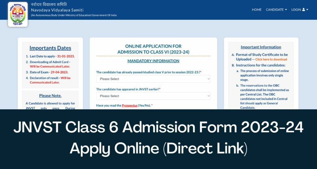 JNVST Class 6 Admission Form 2023-24 - Direct Link Notification, Apply Online @ navodaya.gov.in