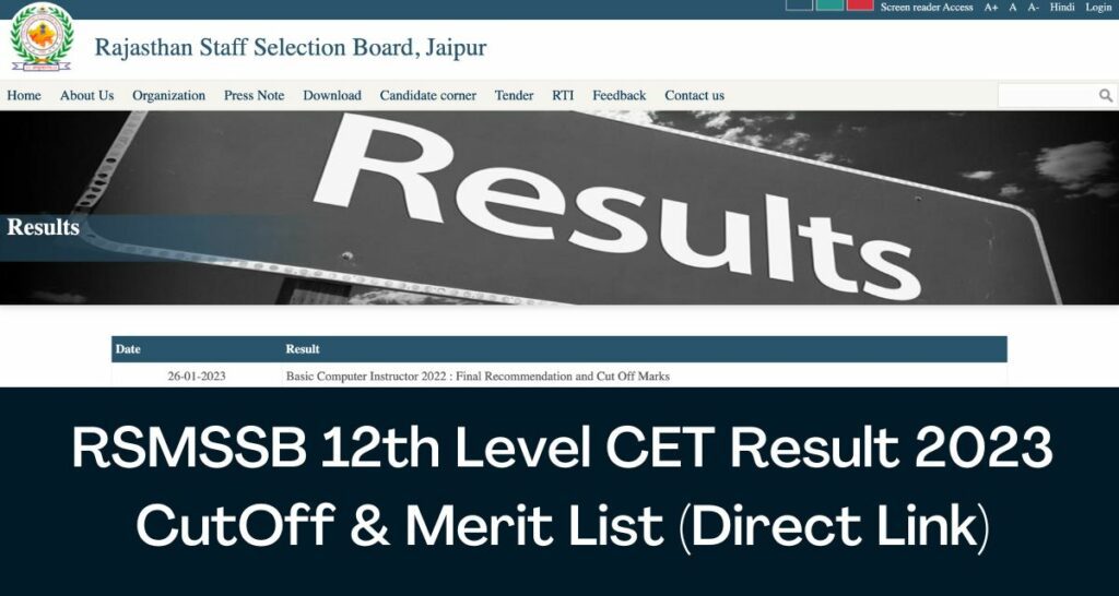 RSMSSB CET Result 2023 - Direct Link 12th Level Exam Cut Off & Merit List @ rsmssb.rajasthan.gov.in