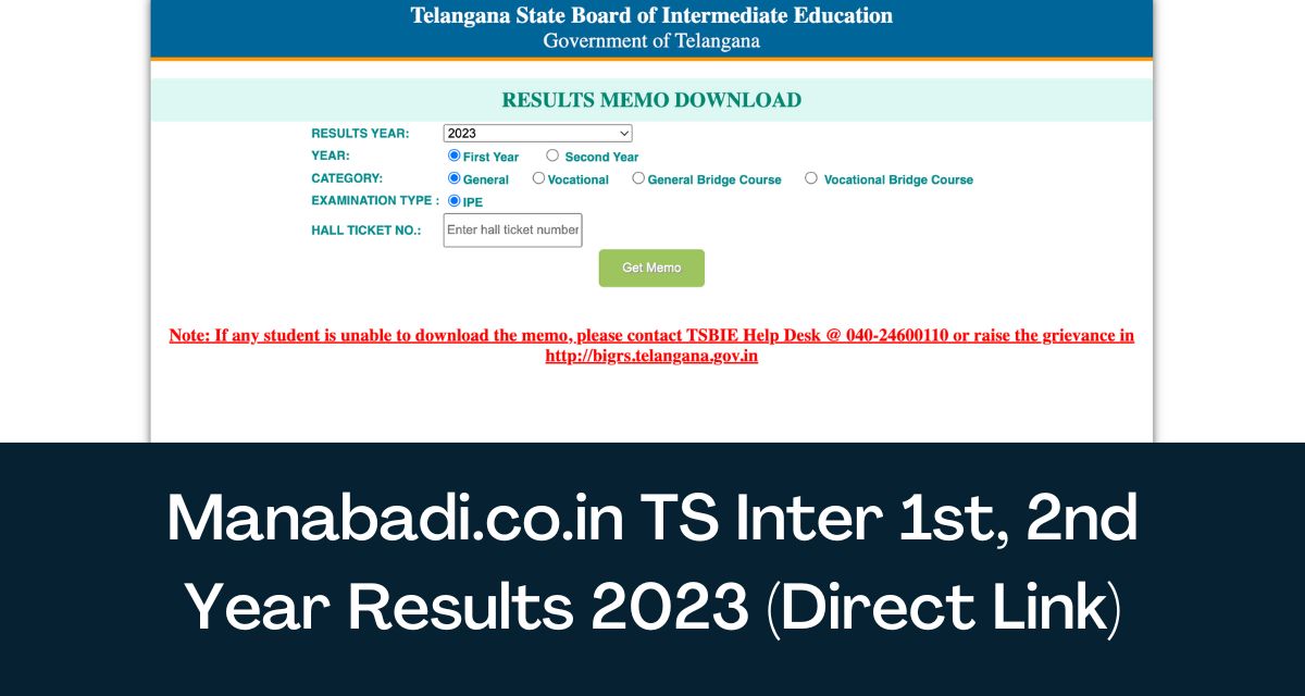 manabadi.co.in TS Inter 1st, 2nd Year Results 2023 Direct Link